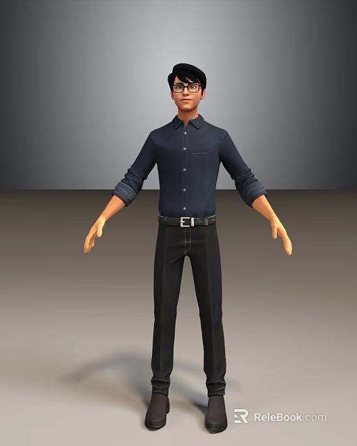 Man Wearing Dark Blue Shirt Black Pants With Glasses Standing Against Gray Background 3d model 