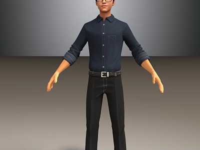 Man Wearing Dark Blue Shirt Black Pants With Glasses Standing Against Gray Background 3d model