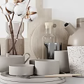 Neutral Toned Kitchenware Collection With Ceramic Mugs Wooden Tray And Cotton Branch Decor