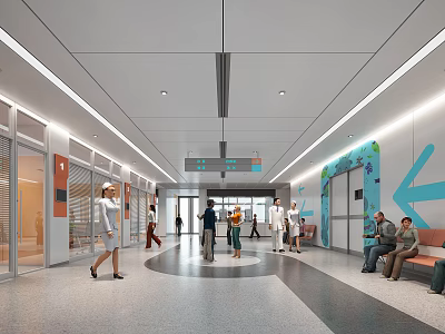Modern Bright Hospital Outpatient Clinic Interior With Spacious Corridors Patients And Medical Staff 3d model