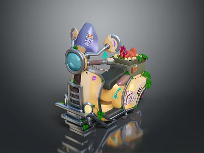 Cartoon Style Yellow Motorcycle With Round Headlight Purple Decorations Vines And Flowers 3d model