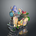 Cartoon Style Yellow Motorcycle With Round Headlight Purple Decorations Vines And Flowers