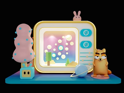 Cartoon Style Photo Spot With Rabbit Decoration Raccoon Figure Pink Tree And Bubble Lighting 3d model