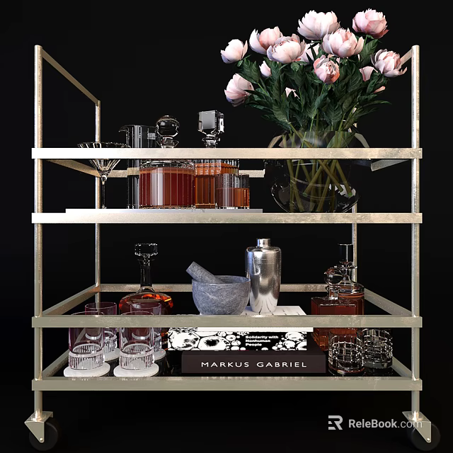 Commercial Equipment Multi Tiered Metal Rack Displaying Wine Bottles Glassware Flower Vase And Cocktail Shaker 3d model 