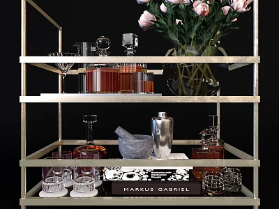 Commercial Equipment Multi Tiered Metal Rack Displaying Wine Bottles Glassware Flower Vase And Cocktail Shaker 3d model