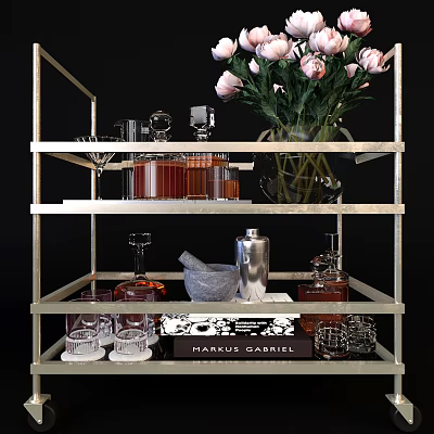Commercial Equipment Multi Tiered Metal Rack Displaying Wine Bottles Glassware Flower Vase And Cocktail Shaker 3d model