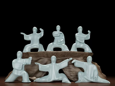 White Tai Chi Figurine Decorative Ornament Set with Various Poses on Natural Wooden Base 3d model