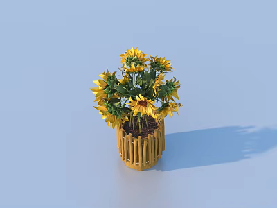 Stylish Bamboo Woven Vase With Fresh Sunflowers On Light Blue Background 3d model