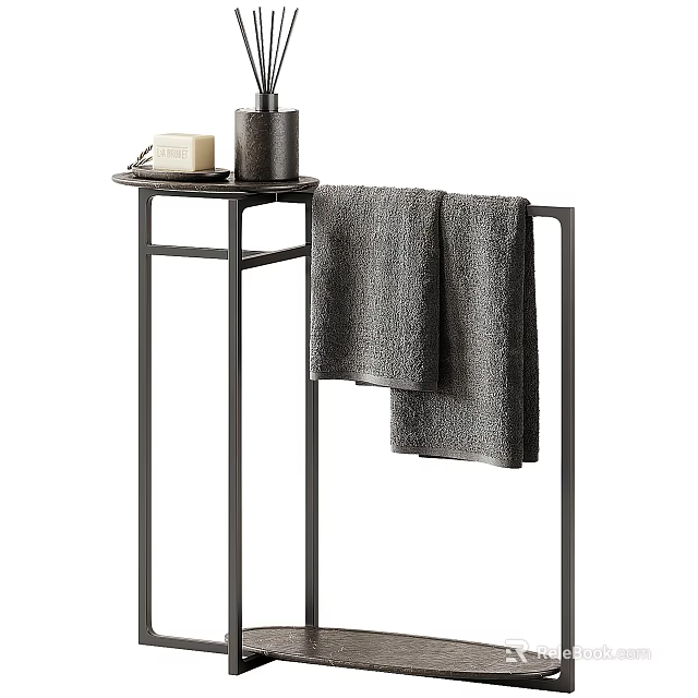 Daily Washing Essentials On Black Metal Stand With Soap Bottle And Gray Towel 3d model 