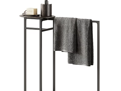 Daily Washing Essentials On Black Metal Stand With Soap Bottle And Gray Towel 3d model