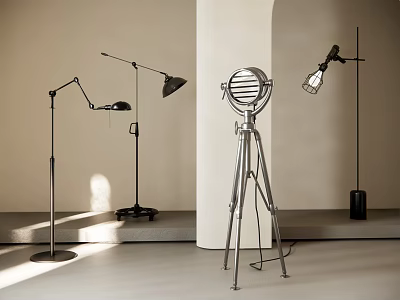 Modern Floor Lamps With Metal Stands And Unique Shade Designs In Minimalist Room 3d model