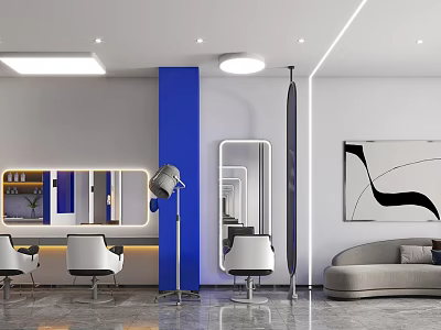 Modern Shopping Mall Hair Salon With White Blue Interior Styling Chairs Mirrors And Sofa 3d model