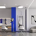 Modern Shopping Mall Hair Salon With White Blue Interior Styling Chairs Mirrors And Sofa