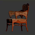 Classic Carved Armchair with Red Wooden Frame Ornate Backrest Armrest Patterns and Patterned Fabric Seat
