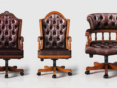 Vintage Leather Office Chairs with Tufted Backrest Wooden Armrests and Rolling Bases 3d model
