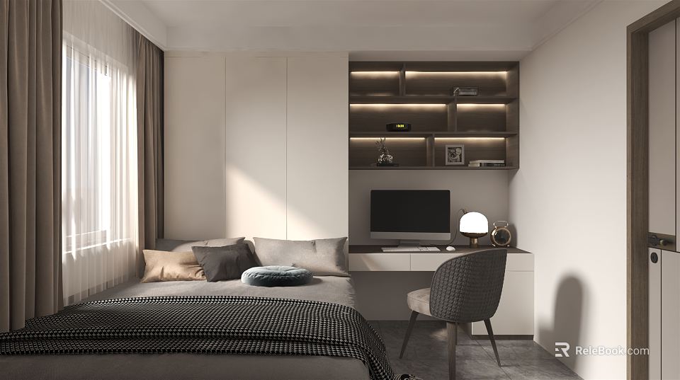 Modern Tatami Bedroom With Tatami Bed Desk Chair Lit Shelves And Window Curtains 3d model 