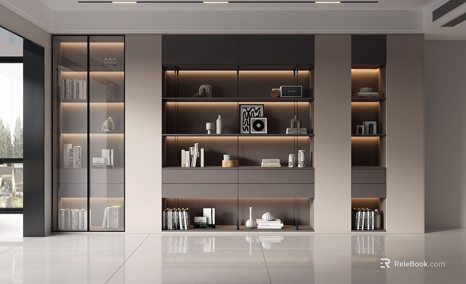 Modern Glass Door Bookcase With Illuminated Multiple Shelves Books And Decorative Items 3d model 