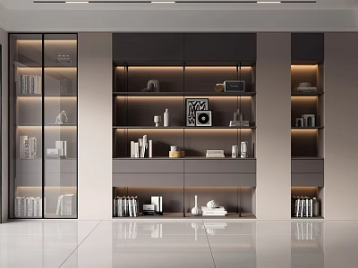 Modern Glass Door Bookcase With Illuminated Multiple Shelves Books And Decorative Items 3d model