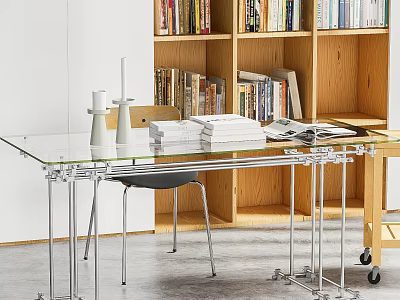 Modern Glass Top Desk With Metal Frame Chair Books Magazines On Wooden Bookshelf Background 3d model