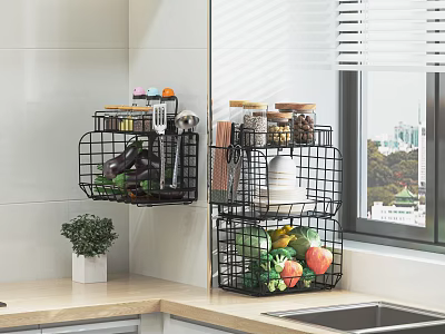 Organized Kitchen Storage With Wall Mounted Wire Baskets Holding Spices Utensils Vegetables And Bowls 3d model