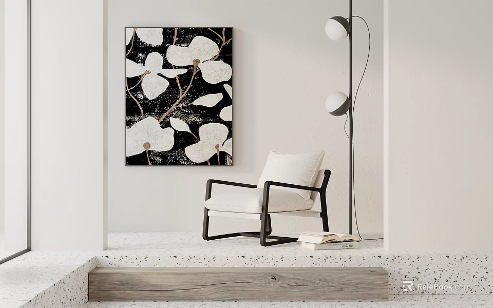Stylish Leisure Chair With Black And White Floral Painting Modern Floor Lamp And White Cushion 3d model 