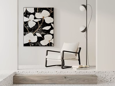 Stylish Leisure Chair With Black And White Floral Painting Modern Floor Lamp And White Cushion 3d model