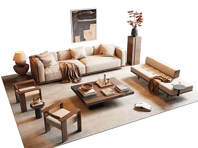 Modern Sofa and Coffee Table Set with Wooden Chairs Floor Lamp Decorative Vase on Area Rug 3d model