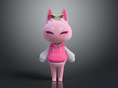 Cute Pink Cat Ear Doll With Closed Eyes In Stylish Hoodie Design 3d model