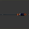 Decorative Weapon With Long Metallic Blade Blue Handle Red Accents And Yellow Pendant