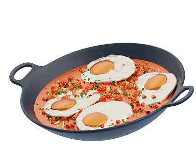 Fried Eggs in Skillet with Red Sauce and Chopped Toppings 3d model