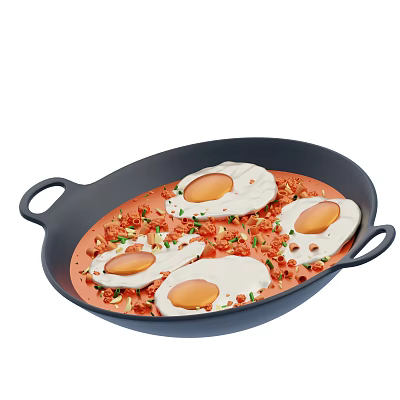 Fried Eggs in Skillet with Red Sauce and Chopped Toppings 3d model
