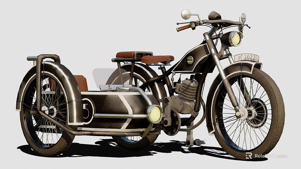 Vintage Motorcycle With Sidecar Brown Seat Classic Headlight And Metallic Body Design 3d model 