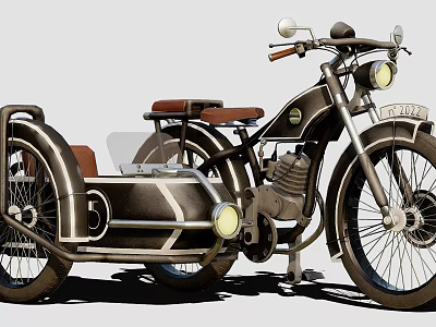 Vintage Motorcycle With Sidecar Brown Seat Classic Headlight And Metallic Body Design 3d model