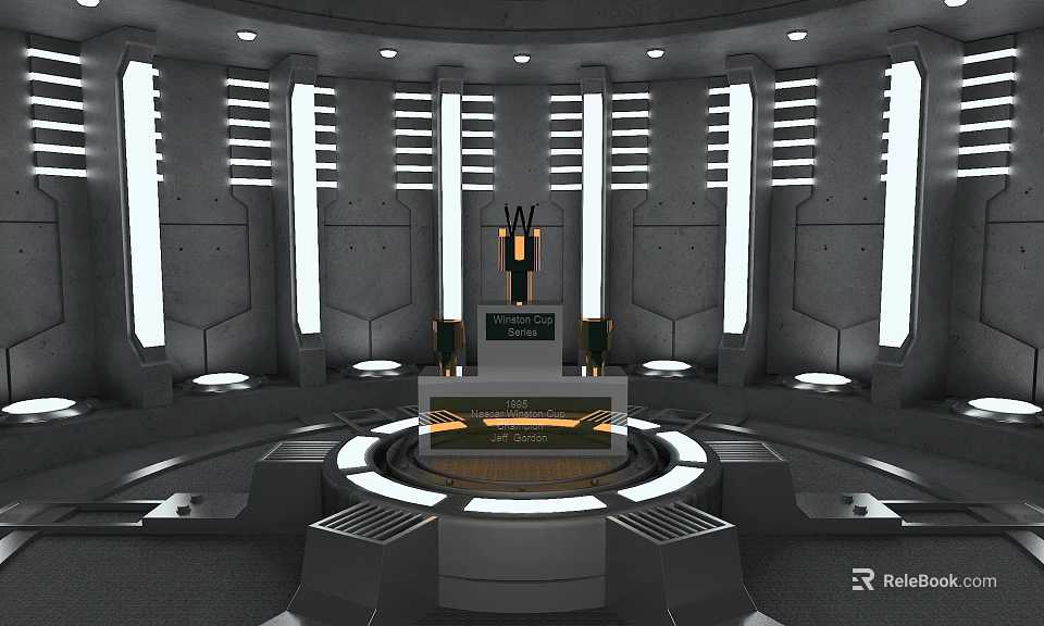 Modern Tech Inspired Display Shelves With Futuristic Metal Frames And Illuminated Circular Design 3d model 