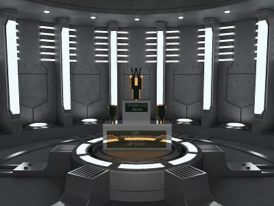 Modern Tech Inspired Display Shelves With Futuristic Metal Frames And Illuminated Circular Design 3d model