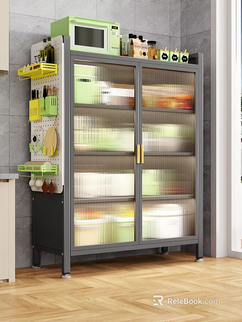 Modern Kitchen Storage Cabinet With Double Glass Doors Layered Shelves And Storage Boxes 3d model 