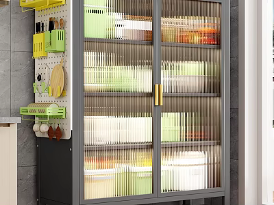 Modern Kitchen Storage Cabinet With Double Glass Doors Layered Shelves And Storage Boxes 3d model