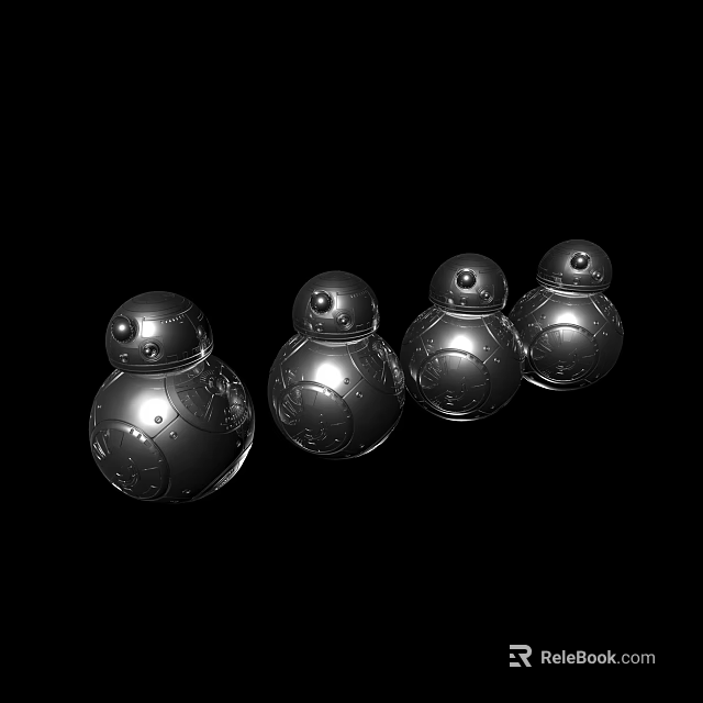 Four Metallic Spherical Smart Machines Arranged in a Row with Shiny Surface 3d model 