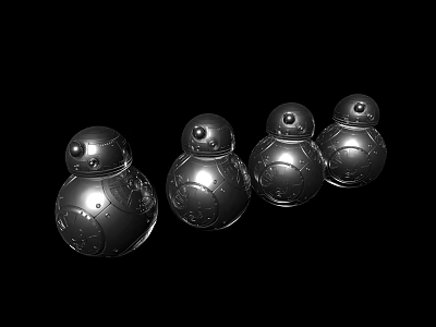 Four Metallic Spherical Smart Machines Arranged in a Row with Shiny Surface 3d model