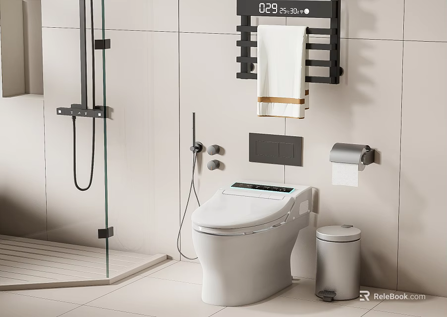 Smart White Toilet in Modern Bathroom Interior with Towel Rack Toilet Paper Holder and Trash Bin 3d model 