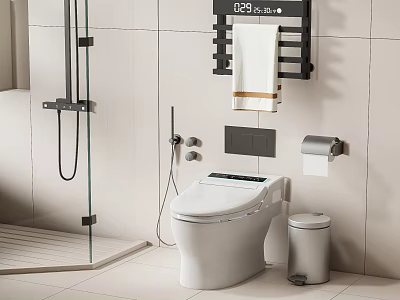 Smart White Toilet in Modern Bathroom Interior with Towel Rack Toilet Paper Holder and Trash Bin 3d model