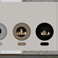 Three Round White Brown Black Fireplaces With Burning Flames And Wood Pile Beside