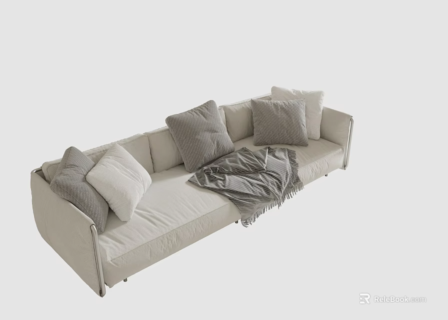 Modern Beige Three Seater Sofa With Soft Pillows And Gray Throw Blanket 3d model