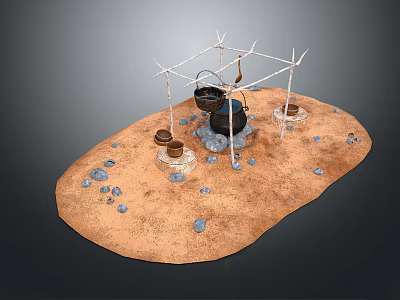 Traditional Camping Cooking Tools With Tripod Black Cauldron Clay Jars And Stones 3d model