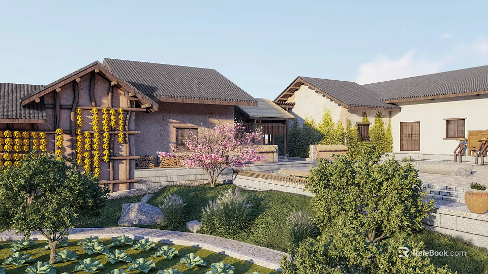 Traditional Garden Landscape With Stone Architecture Yellow Flower Vines And Pink Blossom Tree 3d model 