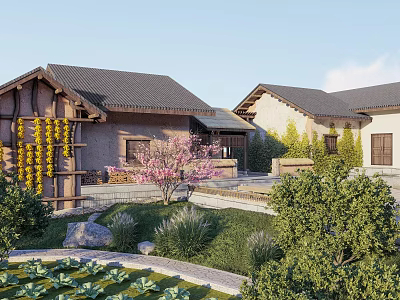 Traditional Garden Landscape With Stone Architecture Yellow Flower Vines And Pink Blossom Tree 3d model