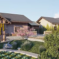 Traditional Garden Landscape With Stone Architecture Yellow Flower Vines And Pink Blossom Tree