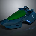 Futuristic Blue Streamlined Spacecraft With Green Transparent Canopy And Illuminated Accents