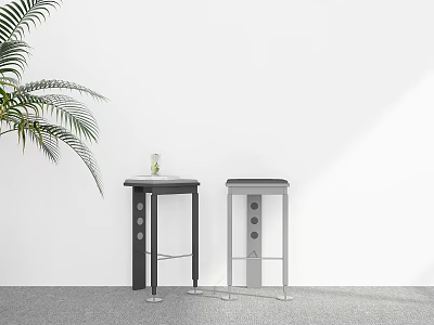 Modern Black and Silver Bar Stools with Palm Plant Near White Wall and Gray Floor 3d model