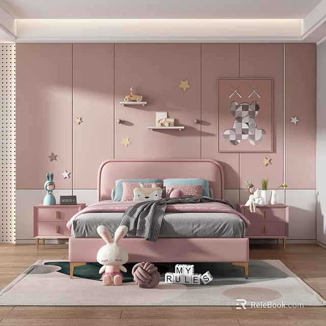 Cozy Kids Room Interior With Pink Walls Star Decorations And Rabbit Plush Toy 3d model 